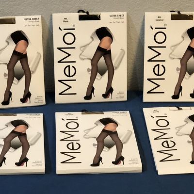 Lot Of 6 MeMoi Ultra Sheer  Lace Top Thigh High M/L Honey,Caramel And Black NEW